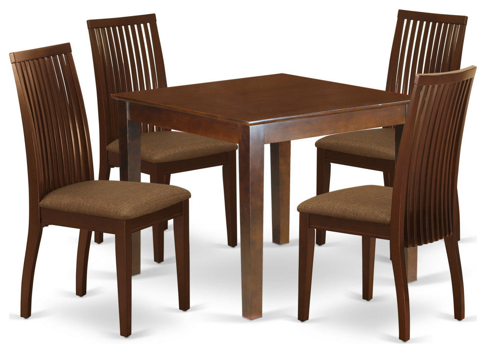 5Pc Dining Set Includes Square Dinette Table, Four Seat Dining Chairs, Mahogany