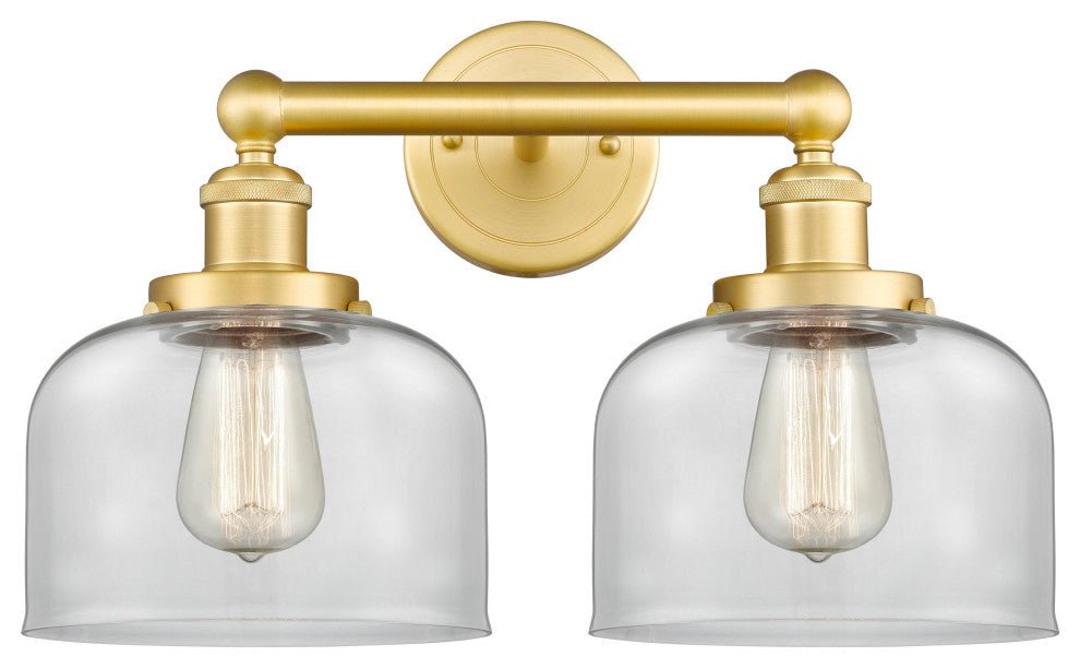 Edison Large Bell 2-Light 16" Bath Vanity Light, Satin Gold Finish, Clear Shade