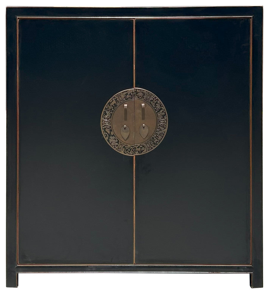 Black Lacquer Zodiac Moon Face Hardware Credenza Storage Cabinet