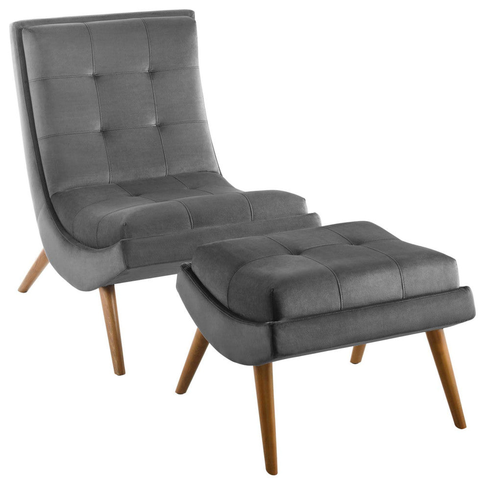 Ramp Upholstered Performance Velvet Lounge Chair and Ottoman Set Gray