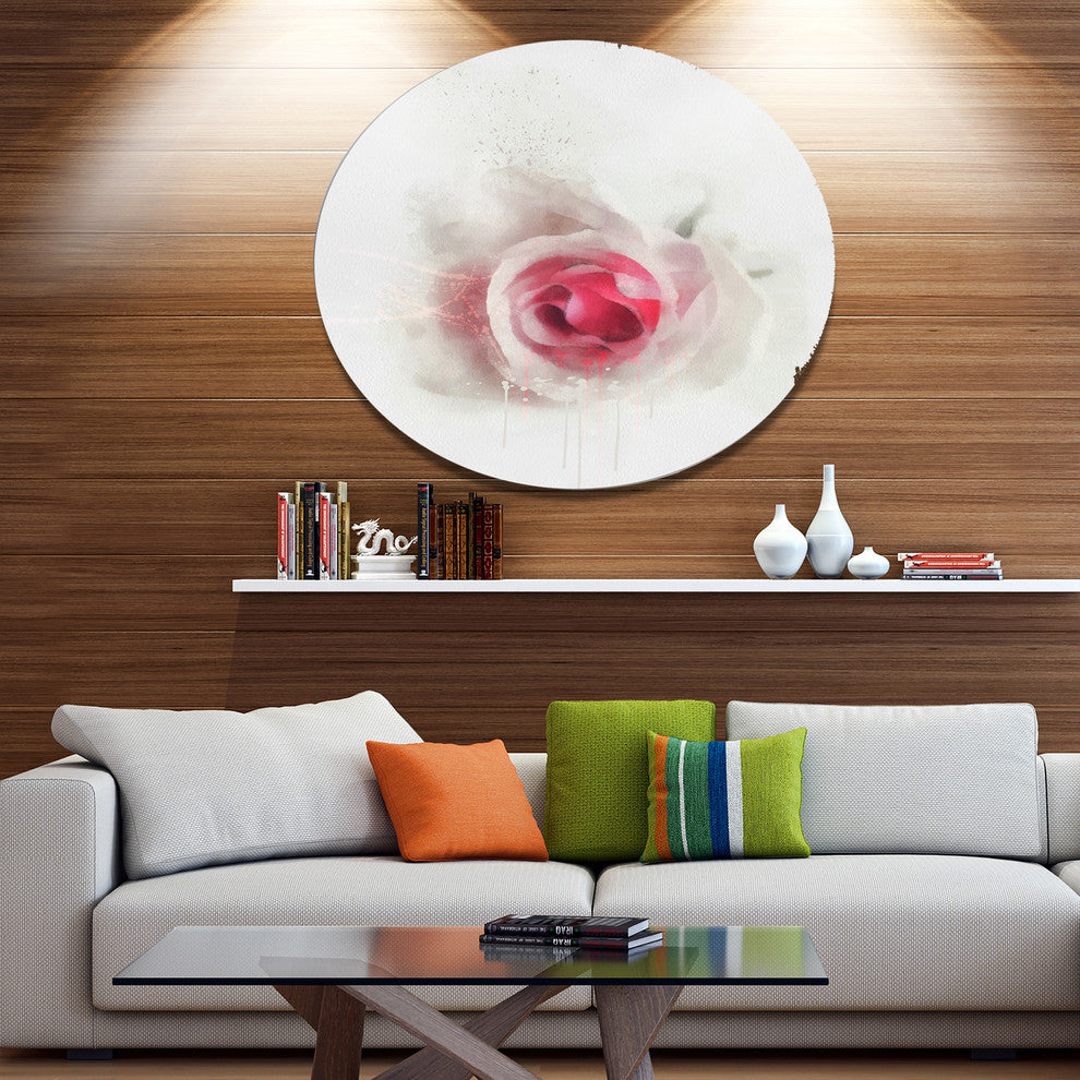 White Rose With Pink Petals, Floral Large Disc Metal Wall Art, 11"
