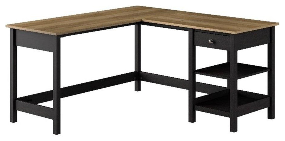 Pemberly Row 60W L Shaped Computer Desk in Vintage Black and Reclaimed Pine