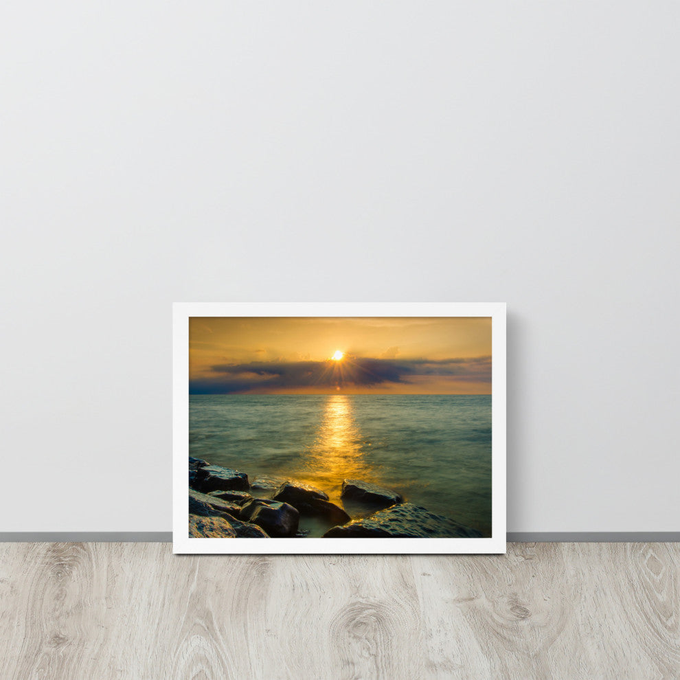 Sun Ray on the Water Coastal Landscape Framed Photo Paper Wall Art Print, Red Oak, 12" X 16"
