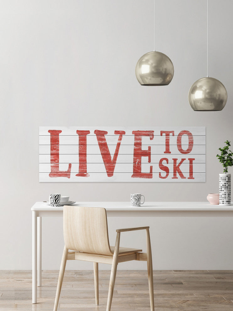 "Live to Ski II" Painting Print on White Wood, 30"x10"