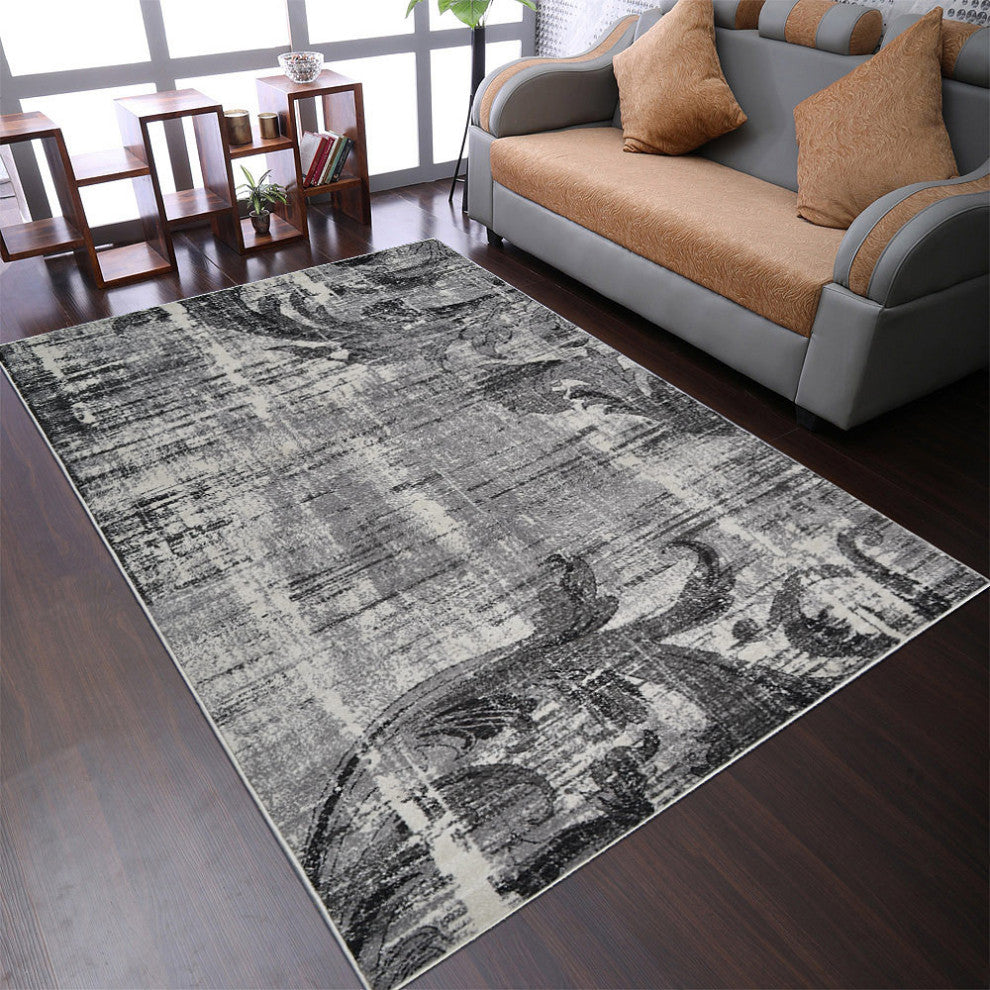 MACHINE MADE HEATSET POLYPROPYLENE AREA RUGS -Silver Color,Floral Design, [Rectangle] 5'x8'