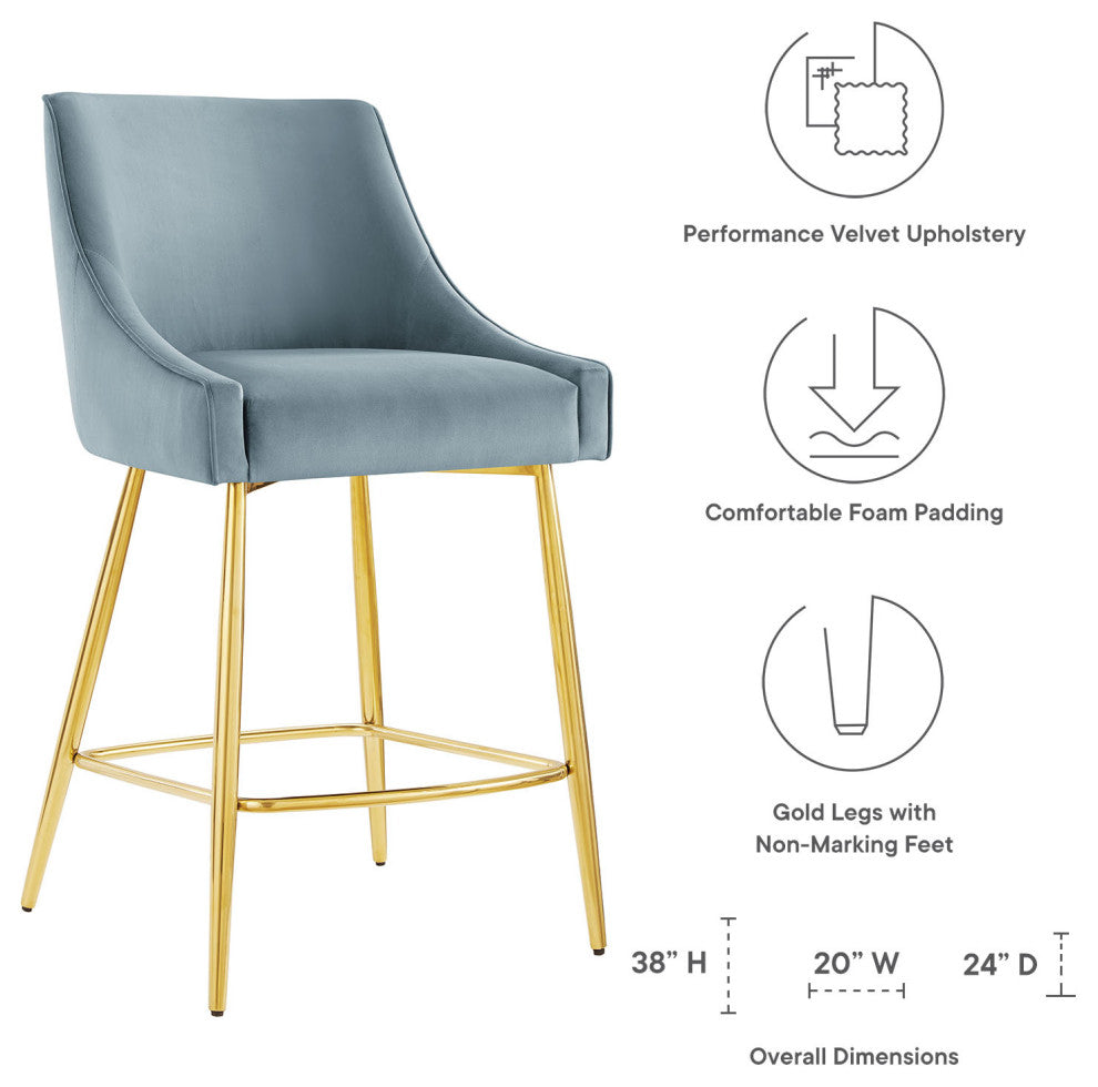 Counter Stool Chair, Blue, Velvet, Modern Bar Pub Cafe Bistro Lounge Dining