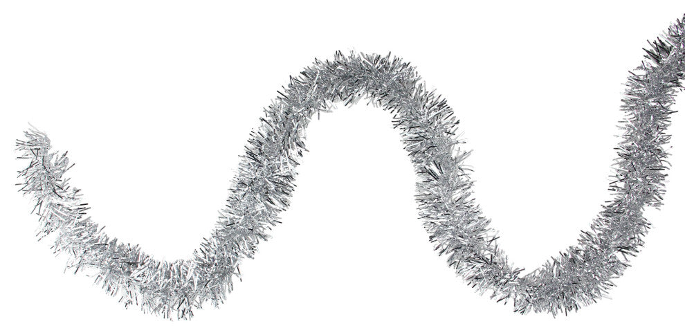 50' Traditional Shiny Silver Christmas Tinsel Garland, Unlit, 3 Ply