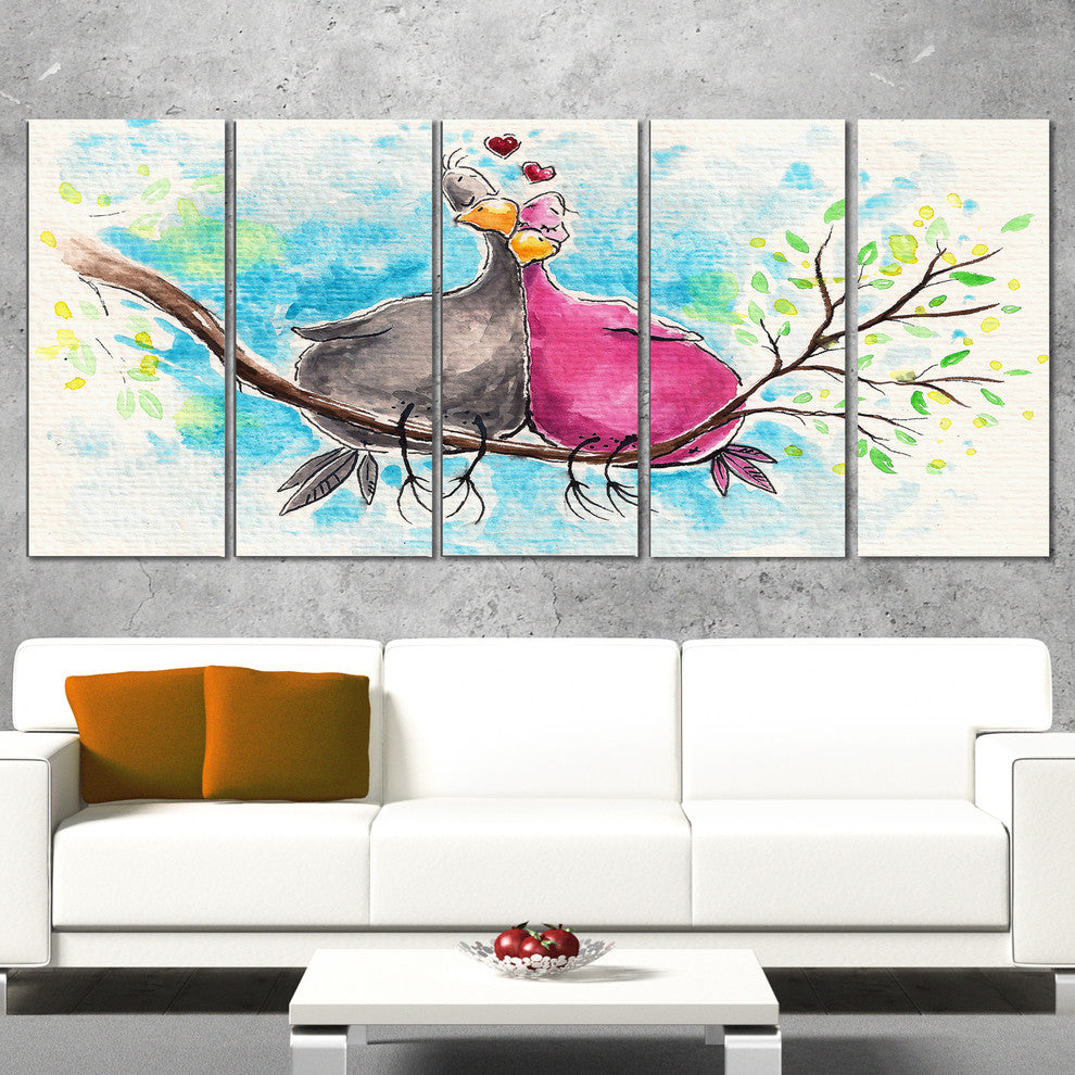 Two Birds in Love on Branch, Abstract Canvas Art Print, 60"x28", 5 Panels