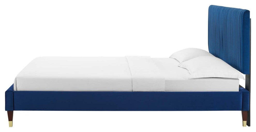 Platform Bed Frame, Queen Size, Velvet, Blue Navy, Modern Contemporary, Bedroom