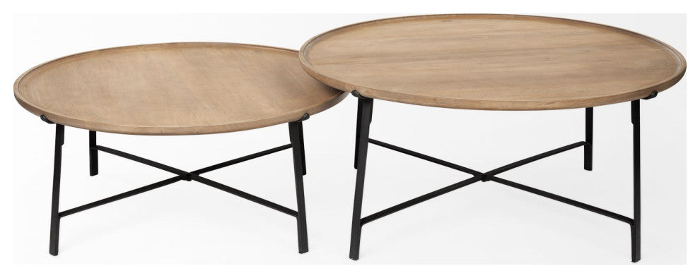 Helios I, Set of 2 Brown Solid Wood Top Black Metal Base Nesting Coffee Tables