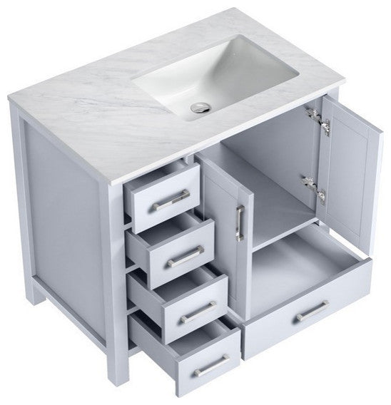 Jacques Modern White 36" Single Vanity, Carrara Marble Top - Right Version
