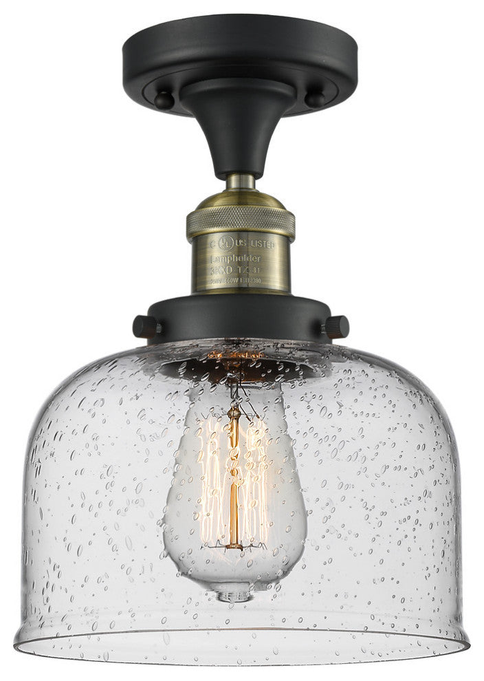 Large Bell LED Semi-Flush Mount, Black Antique Brass, Glass: Seedy