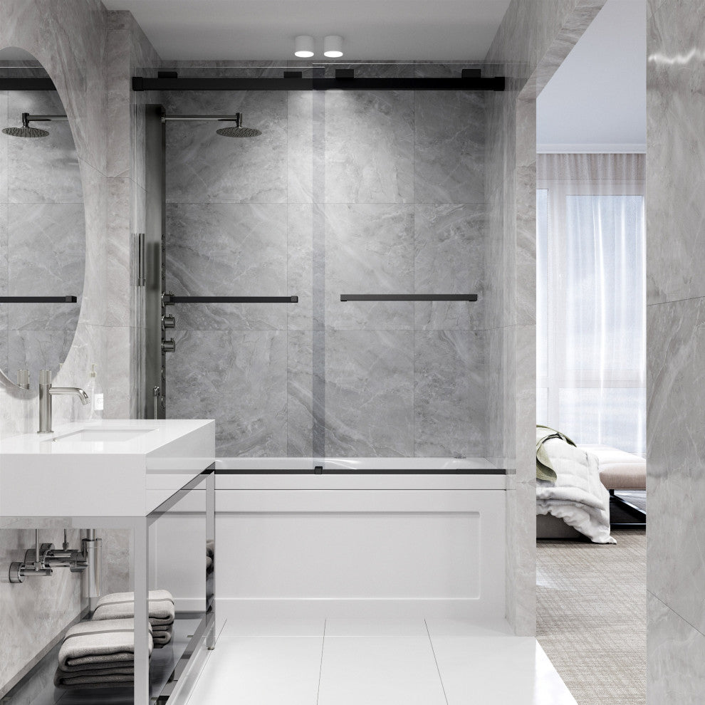 VIGO Houston Frameless Sliding, V-Motion, Matte Black, Tub Door, 56" to 60" W X 66" H, Clear Glass