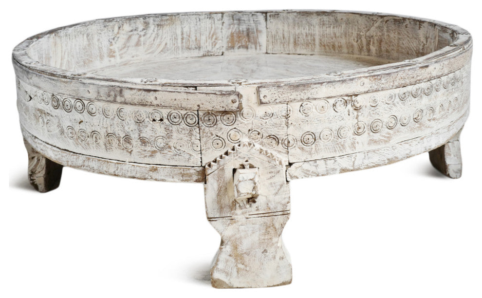 Consigned White Wash Chakki Ottoman Table