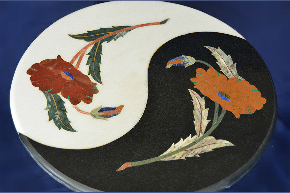 Floral Black and White Marble Inlay Table