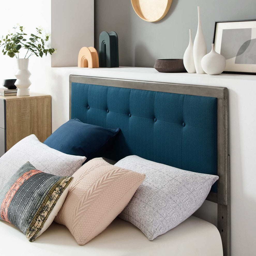 Platform Bed Frame, Queen Size, Fabric, Wood, Gray Navy Blue, Modern