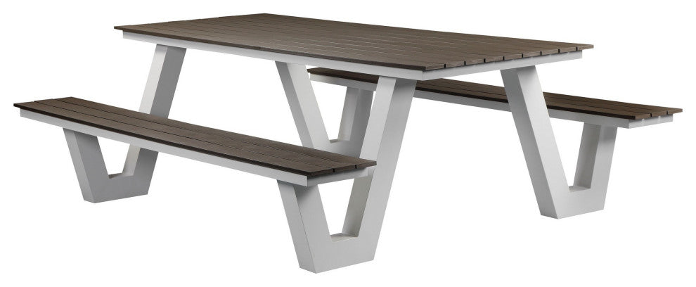 Benzara BM287776 Picnic Table, Smooth Gray Polyresin Slats, Aluminum Frame
