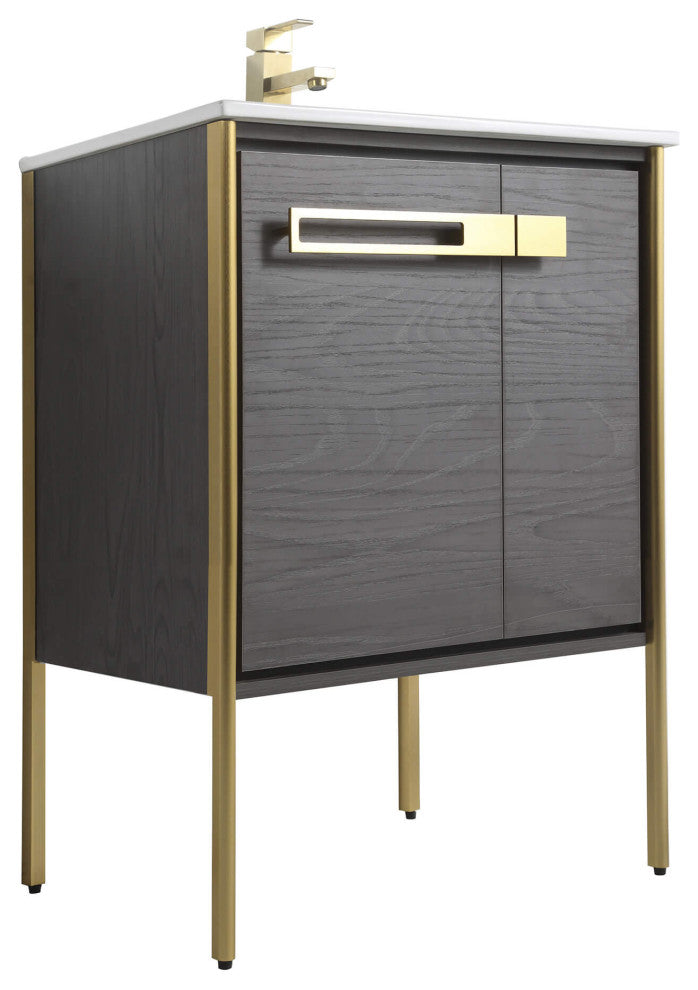 Oakville Bath Vanity, Ceramic Sink, Black Coal Oak, 24 Inch, Satin Brass Hardwar