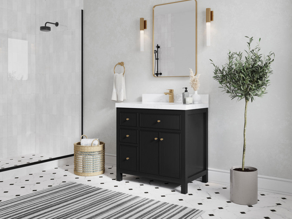 Sonoma 36 Center Sink Reeded Bath Vanity in Black 2" White Quartz