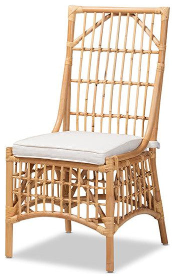 Modern Bohemian White Fabric Upholstered & Natural Brown Rattan Dining Chair