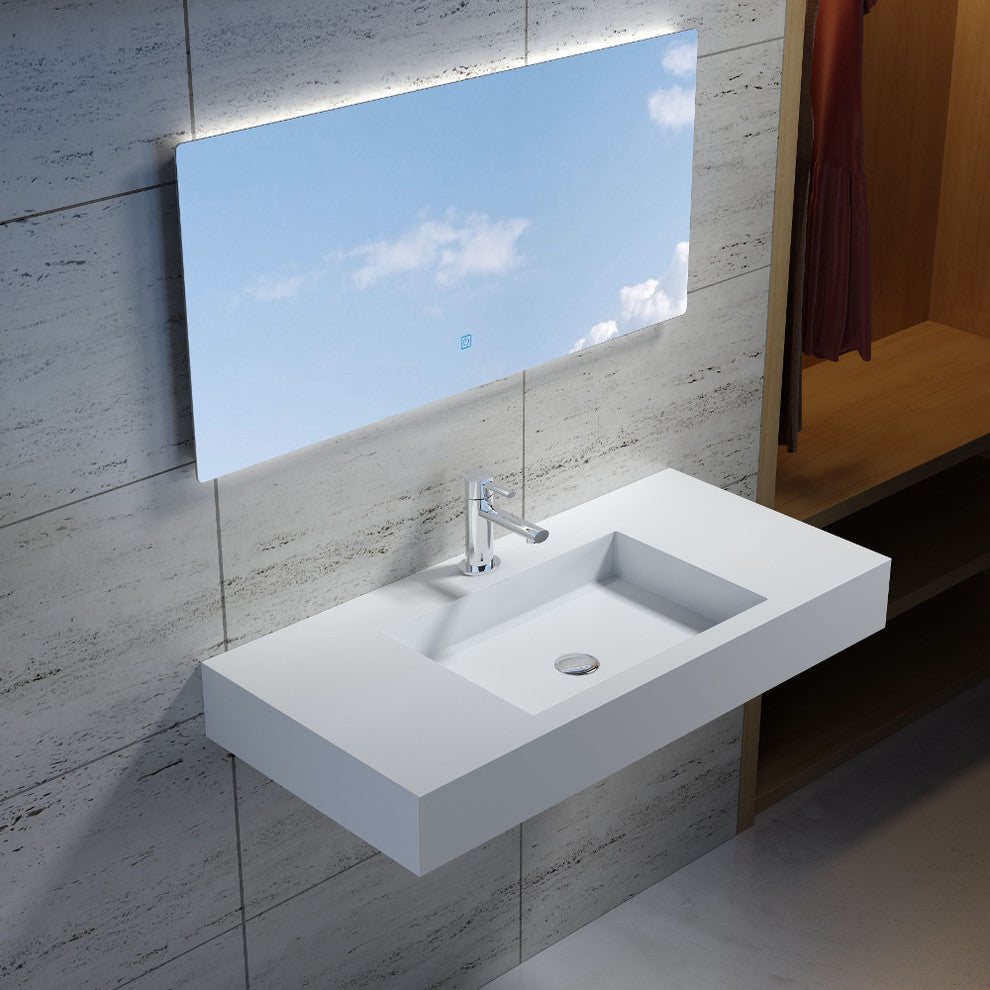 39" Polystone Rectangular Wall-Mount Sink, Matte White, No Faucet