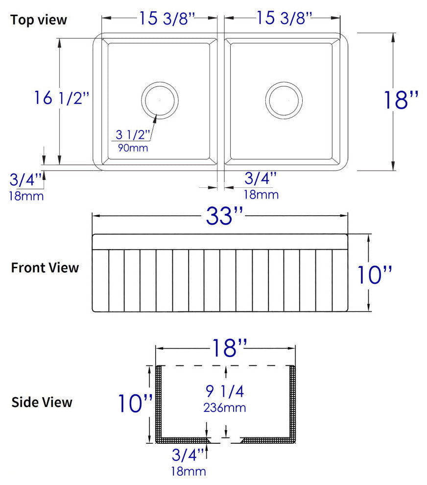 Smooth Apron Fireclay Farm Sink, White, 33"x18", Double Bowl