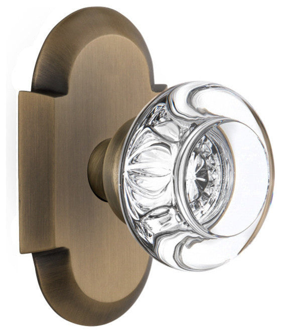 Double Cottage Plate With Round Clear Crystal Knob, Antique Brass