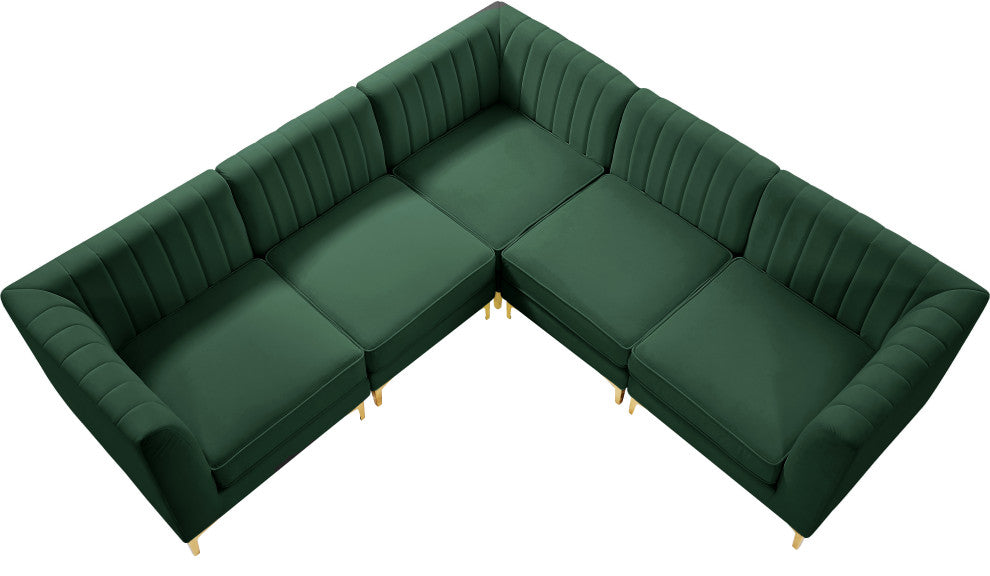 Alina Velvet Modular L-Shaped Modular Sectional, Green, 5-Piece: 2 Armless Chair, 3 Corner Chair
