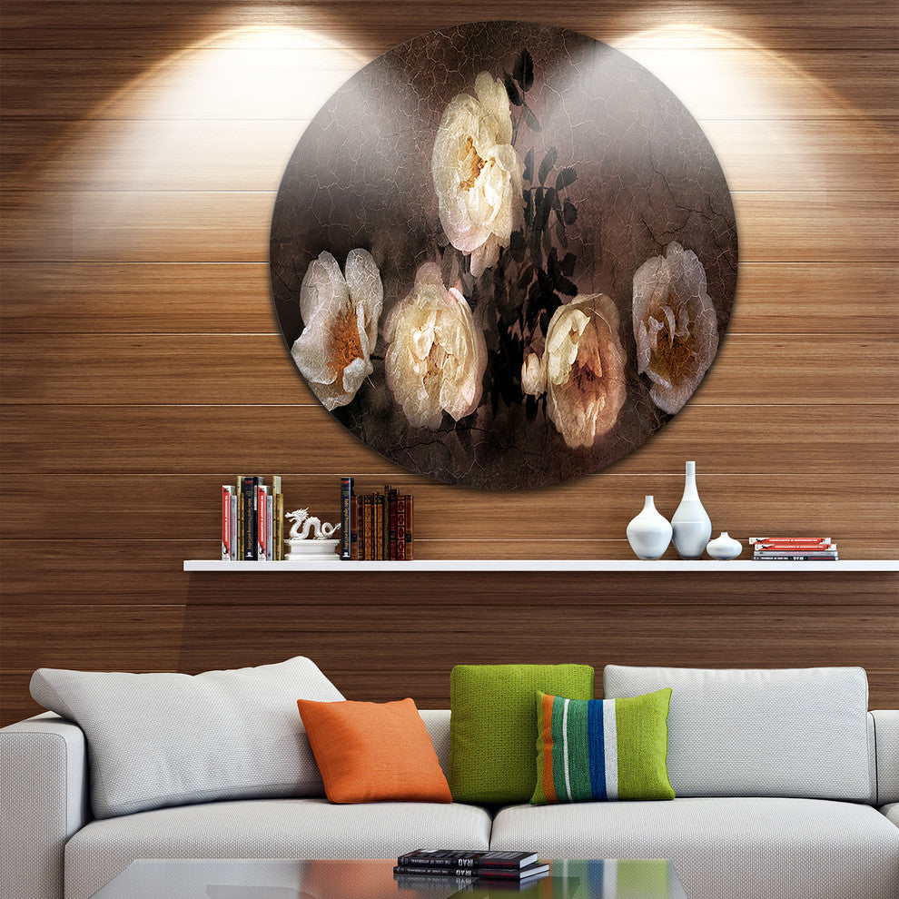 Wild Roses In Old Painting Style, Floral Round Metal Wall Art, 23"