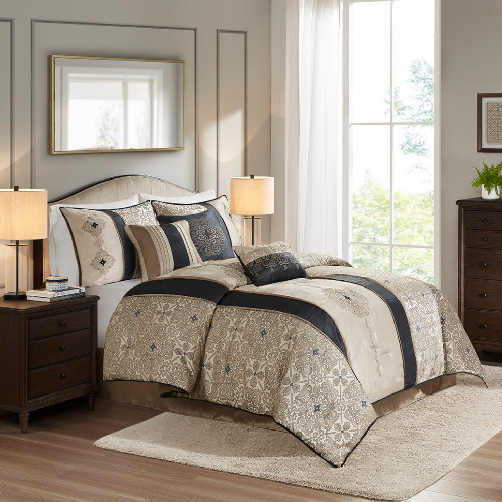 Madison Park Donovan 7 Piece Jacquard Comforter Set With Throw Pillows, Black