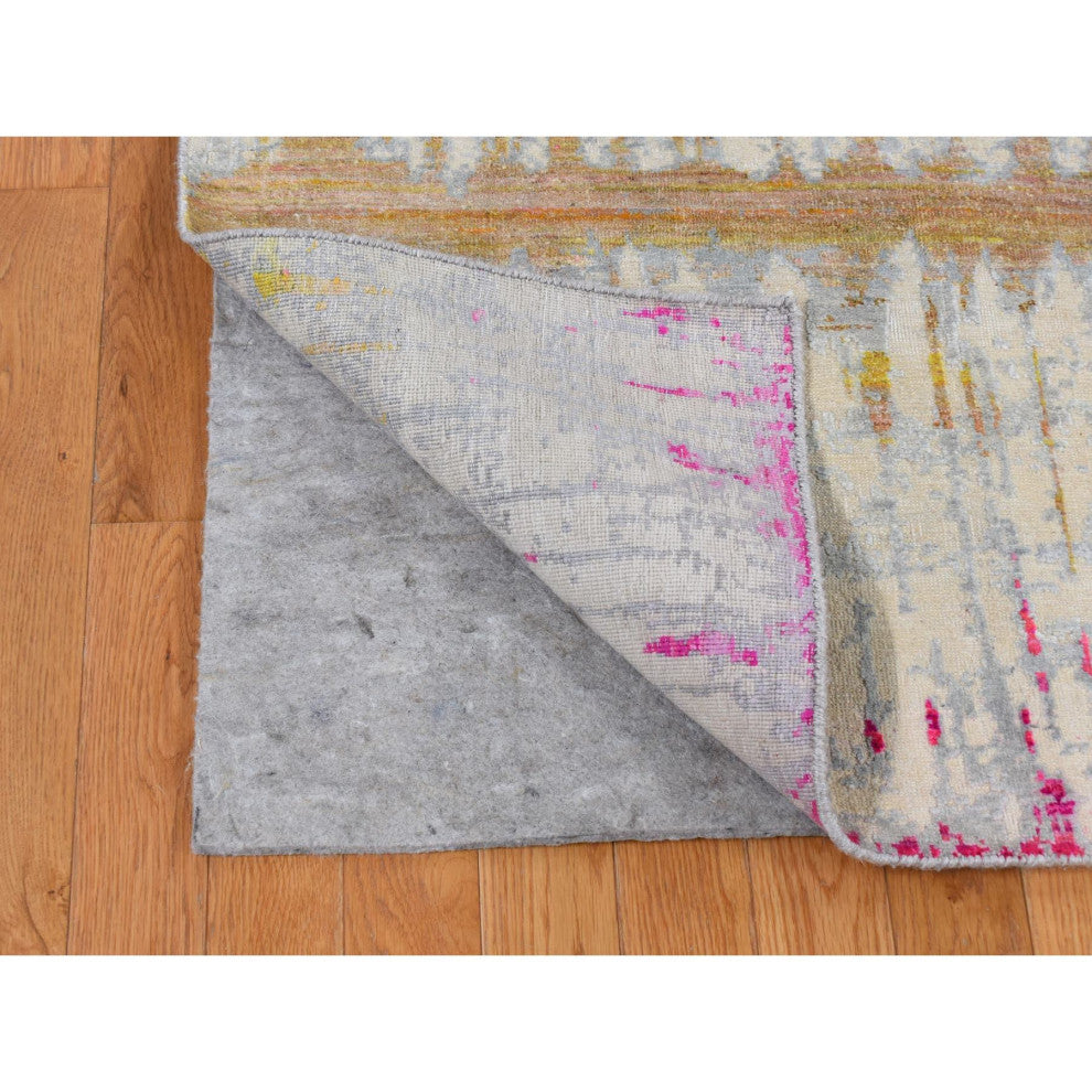 Cream Color The Cardiac Sari Silk With Textured Wool Hand Knotted Rug 8'x10'3"