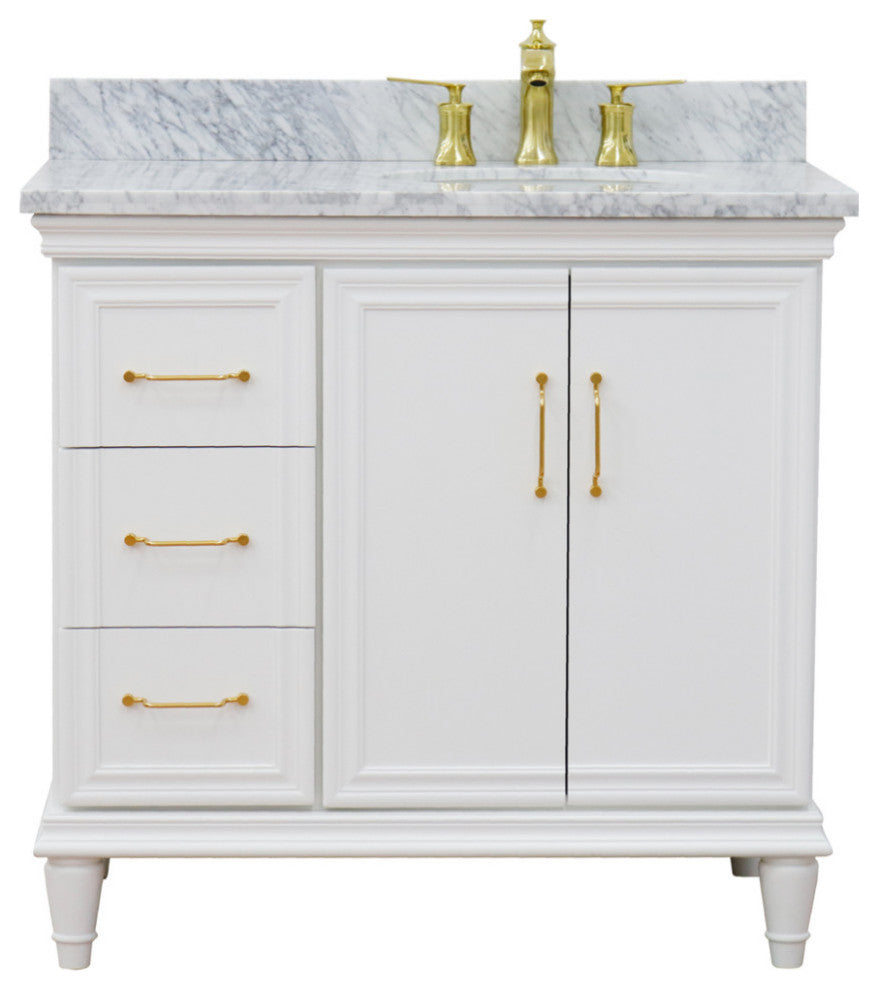 37" Single Vanity, White Finish With White Carrara