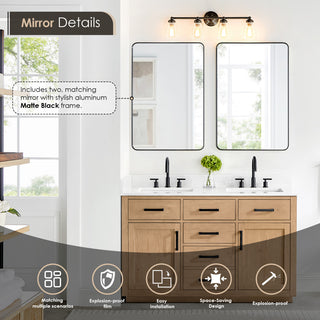 Gavino Vanity With Grain White Composite Stone Top, Light Brown/Matte Black, 54", With Mirror