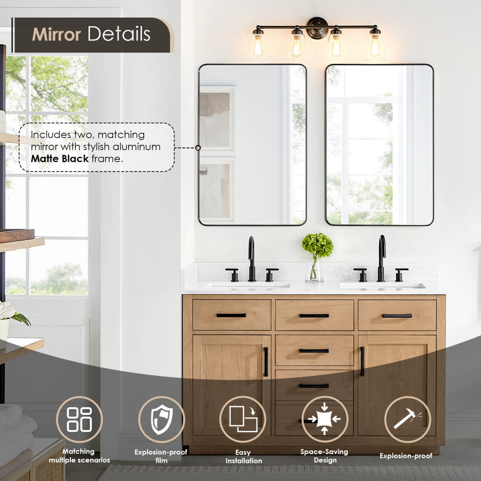 Gavino Vanity With Grain White Composite Stone Top, Light Brown/Matte Black, 54", With Mirror