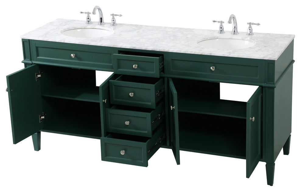 Home Living Vanity with Carrara White Marble Countertop, Green, 72", Double Sink