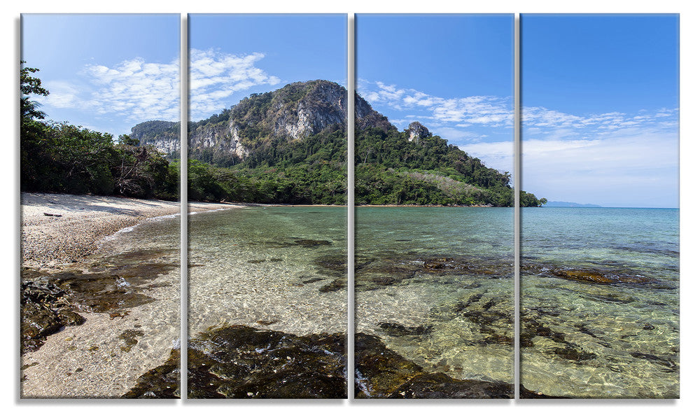 Koh Mook Coast Line, Modern Seashore Canvas Wall Art, 48"x28", 4 Panels