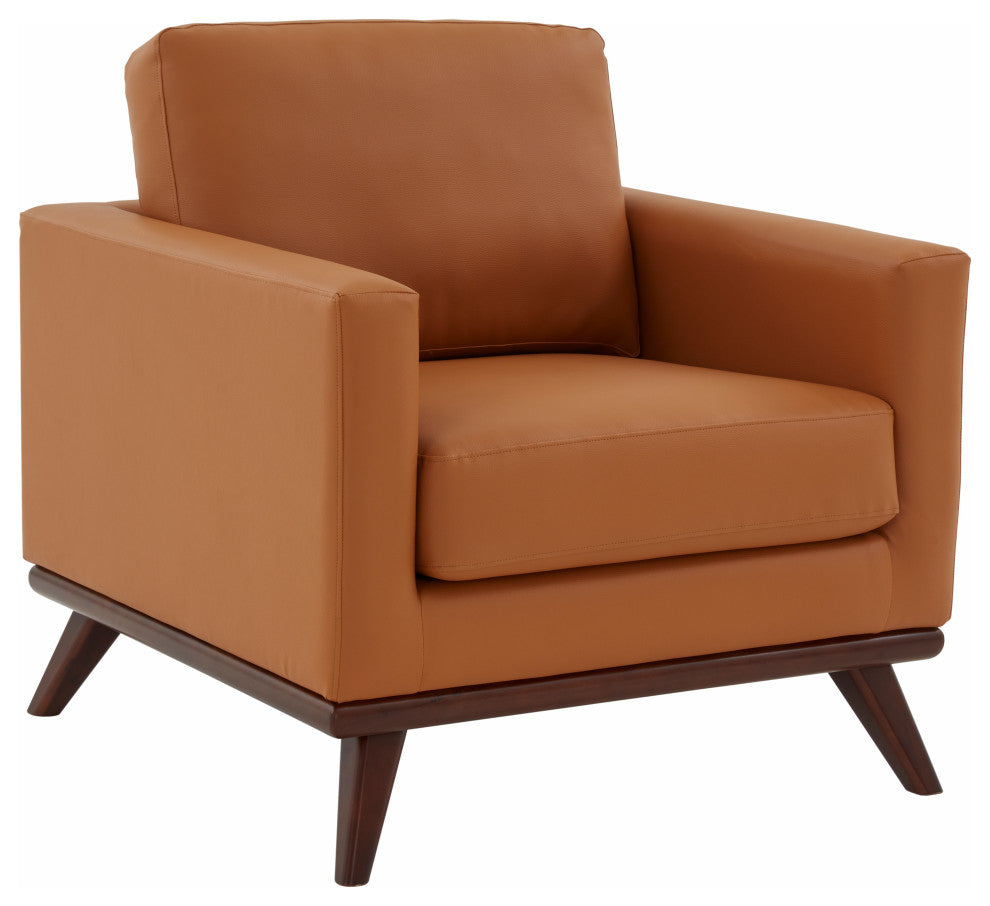 LeisureMod Chester Mid-Century Modern Faux Leather Accent Arm Chair, Cognac Tan