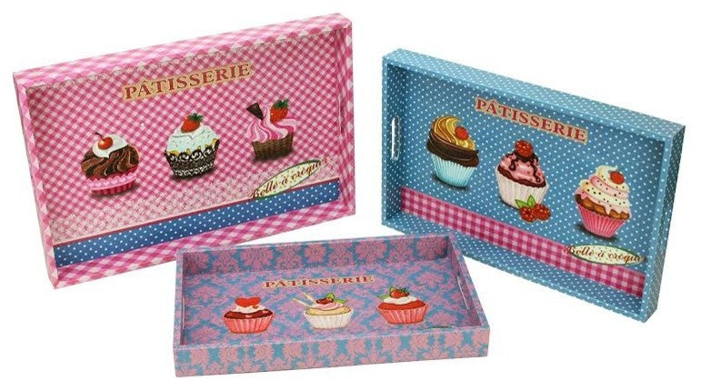 Decorative Patisserie Theme Wooden Trays, Set of 3
