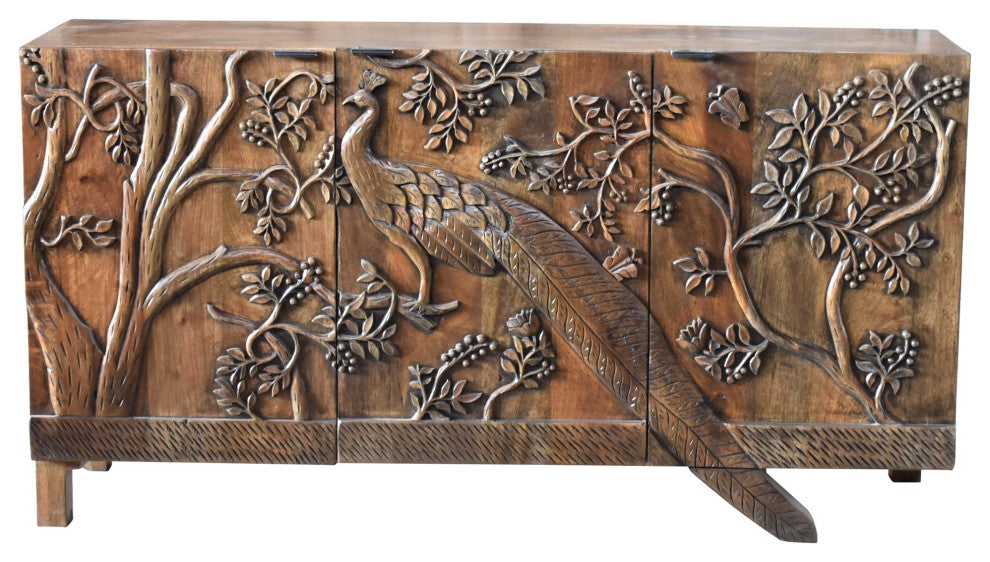 Mother Nature 60" Solid Wood Sideboard Hand Carved Peacock Bird Front Doors
