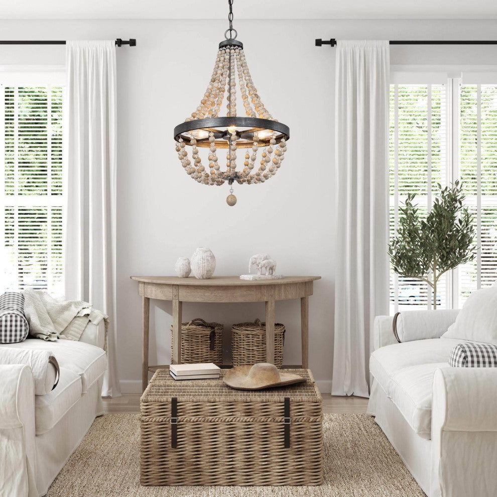 LNC 4-light Famhouse Distressed Wood Beaded Empire Boho Style Chandelier