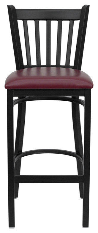 Black Vertical Back Metal Restaurant Barstool, Burgundy Vinyl Seat