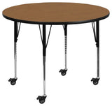 Mobile 60'' Round Oak Thermal Laminate Activity Table-Adjustable Legs