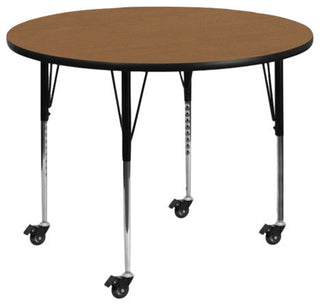 Mobile 60'' Round Oak Thermal Laminate Activity Table-Adjustable Legs