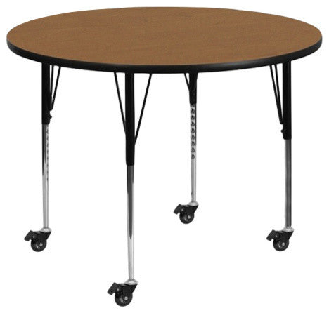 Mobile 60'' Round Oak Thermal Laminate Activity Table-Adjustable Legs