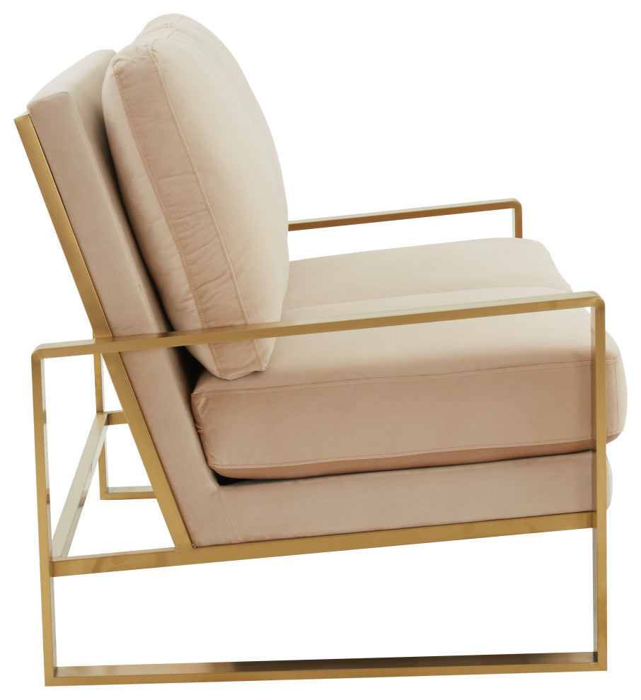 LeisureMod Jefferson Modern Design Velvet Loveseat With Gold Frame, Beige