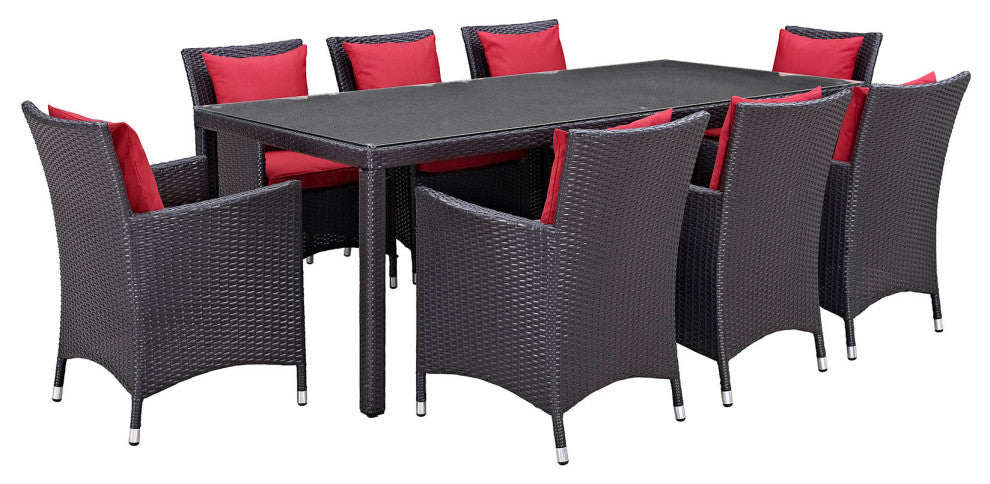 Convene 9-Piece Outdoor Wicker Rattan Dining Set, Espresso Red