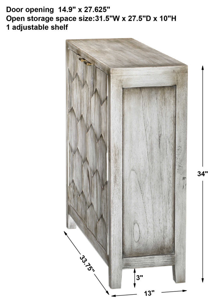 MidCentury Ivory Gray Distressed Wood Cabinet Accent Console Diamond Honeycomb