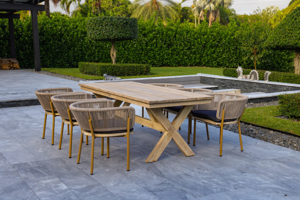 Santino + Melina 7-Piece Outdoor Dining Set, 6 Rope-Back Chairs, Milk/Coffee