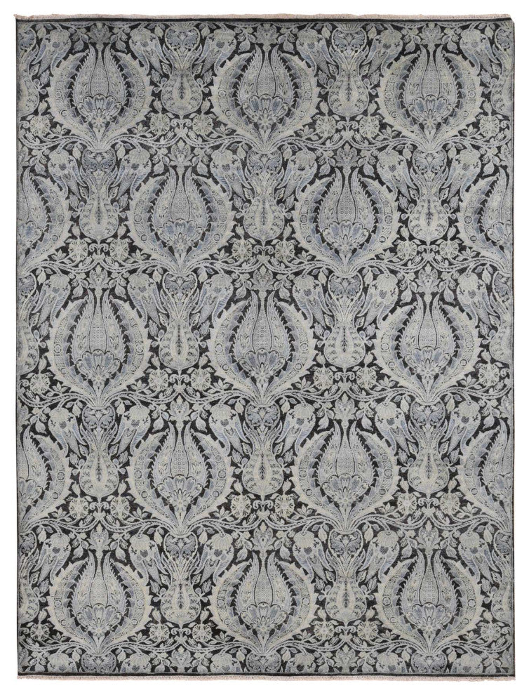 Goose Gray Pure Silk With Wool Tulip Flower Design Hand Knotted Rug 9'x12'2"