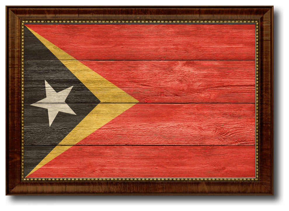 East Timor Country Textured Flag Print With Brown Gold Frame, 19"X27"